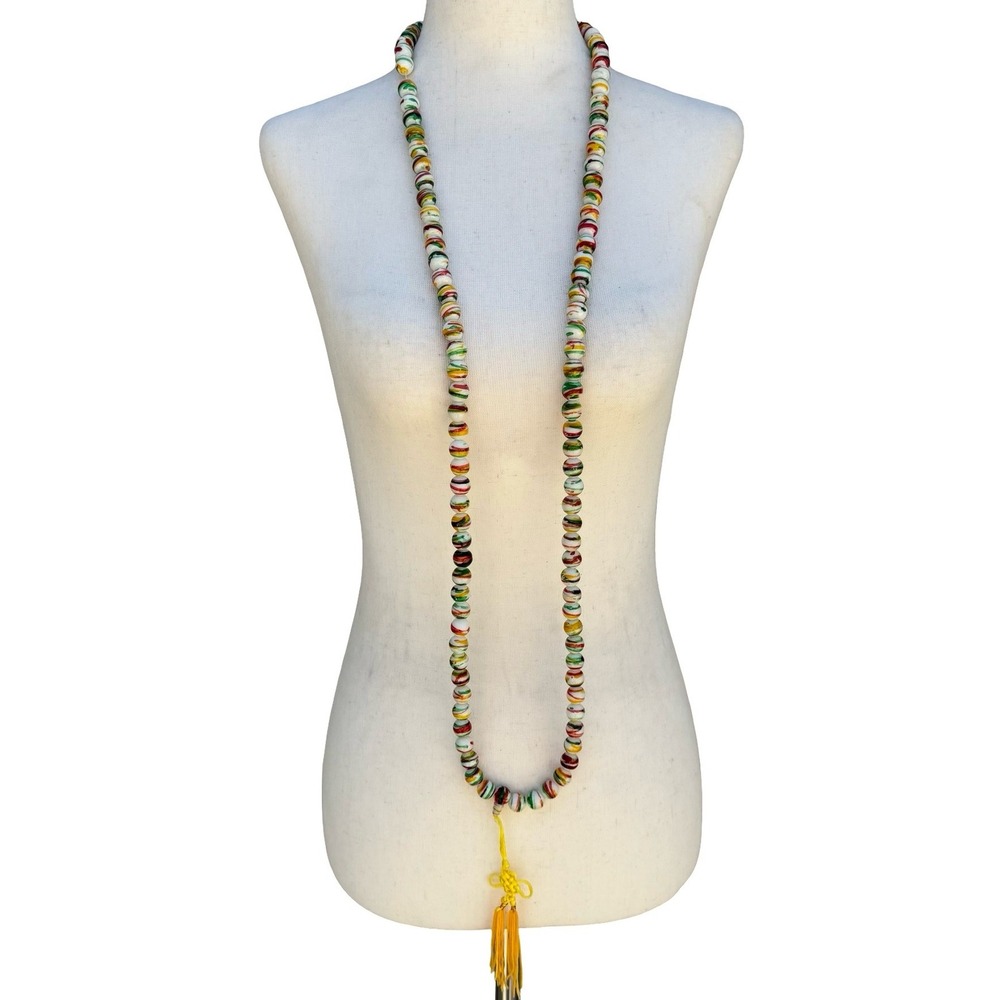 Hand Painted Striped Glass Bead Necklace Yellow Tassel Chinese Knot Multicolor - Picture 4 of 10